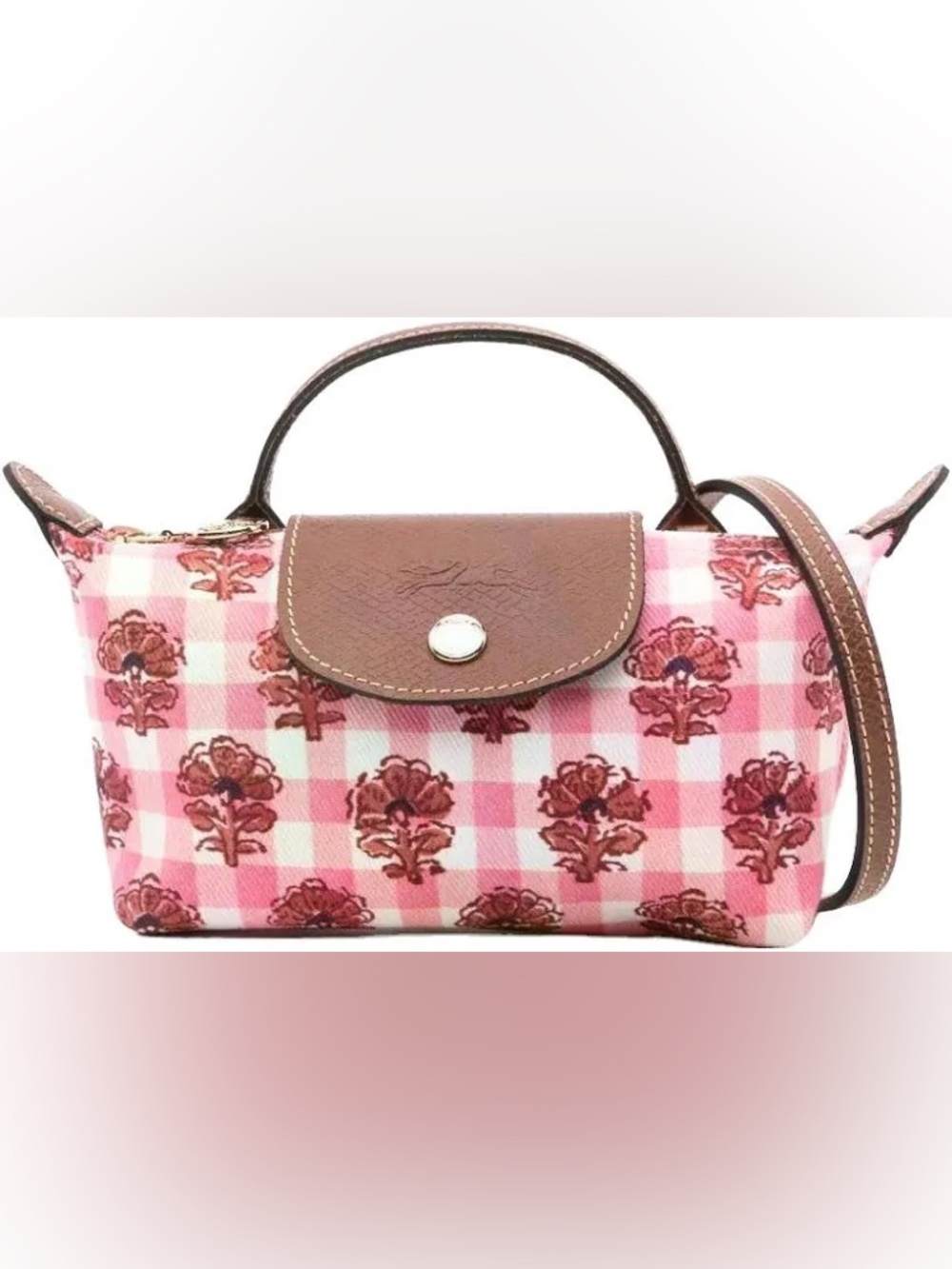 ISO LONG CHAMP Women's Pink Gingham Floral Shoulder Tote with Brown Trim